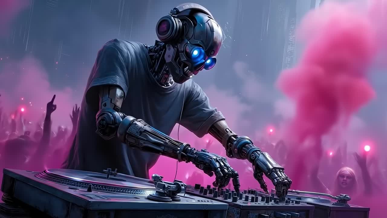A robot dj playing music in front of a crowd of people