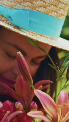 a serene moment in nature: a woman enjoying the beauty of flowers while wearing a straw hat and embracing the tranquility of the garden