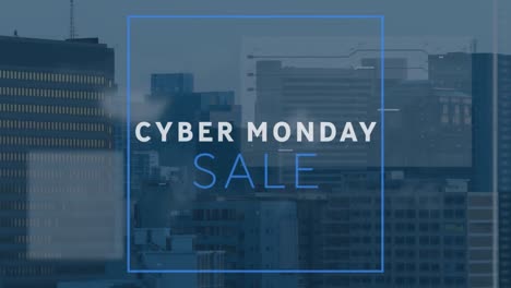 Animation-of-cyber-monday-sale-text-in-square-over-map-against-modern-buildings-in-background