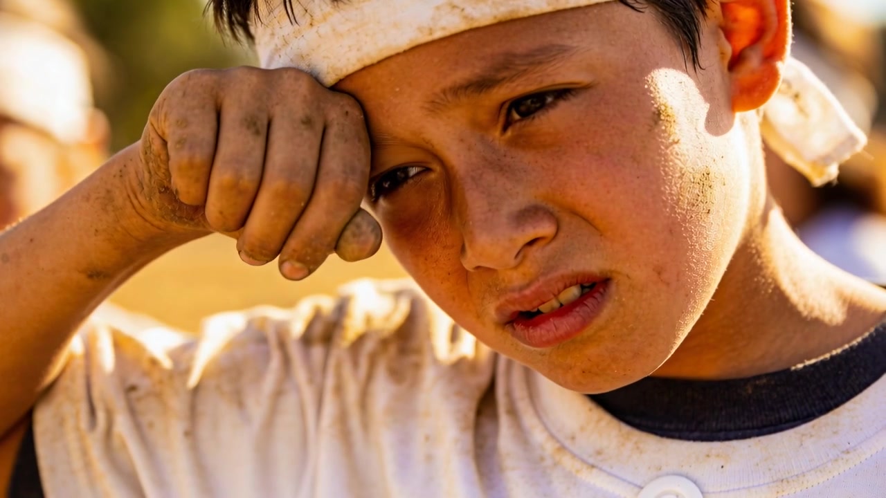 Ragazzo che si strofina l'occhio destro a causa della polvere, stringendo il pugno, strizzando gli occhi in un campo, con una bandana bianca e il viso sporco.