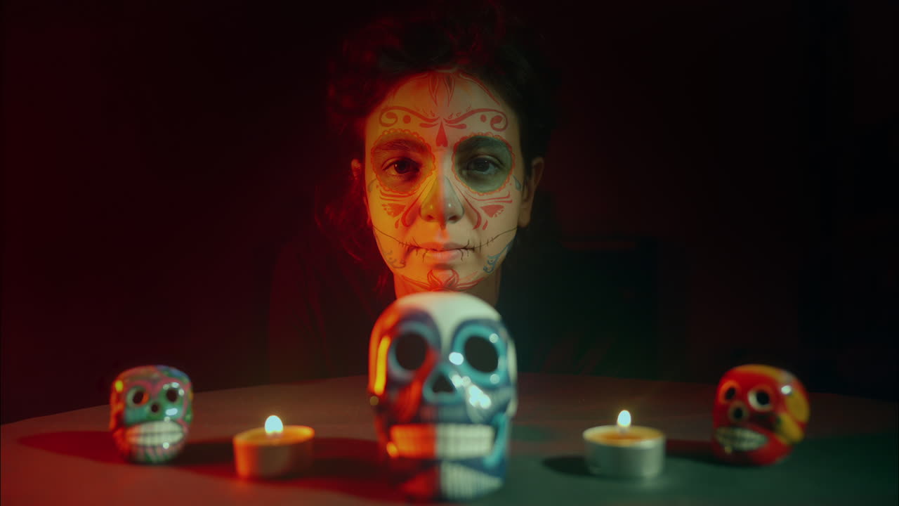 Donna con trucco da teschio di zucchero e candele per il Dia de los Muertos.