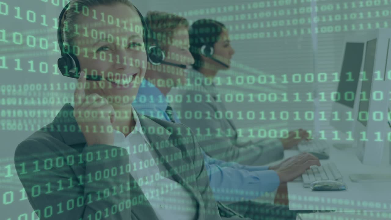 Binary coding data processing against caucasian female customer care executive working at office