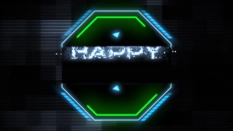 texto de feliz año nuevo en pantalla digital con elementos de hud