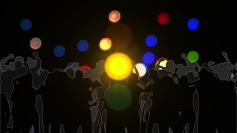 animación digital de puntos coloridos de luz contra la silueta de personas bailando