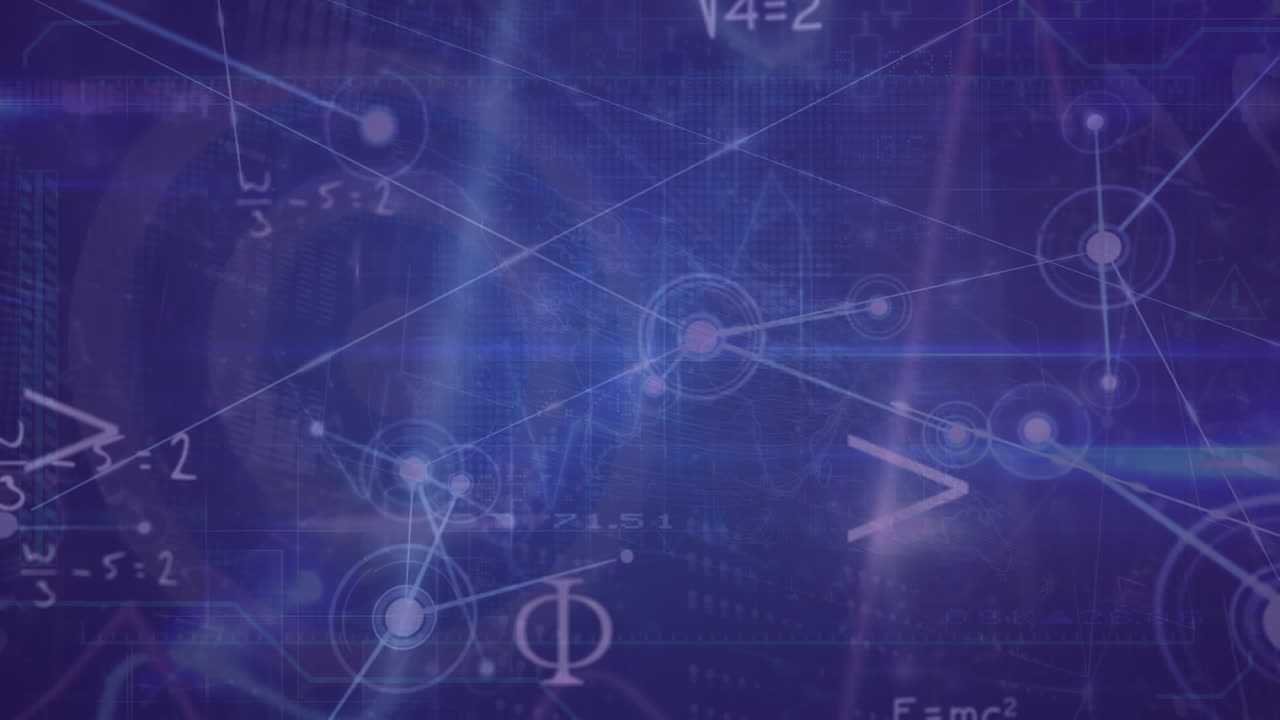 Animation eines Netzwerks von Verbindungen und mathematischen Gleichungen vor violettem Hintergrund