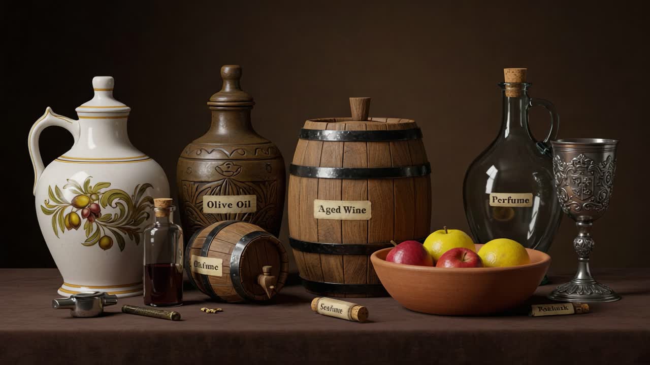 A Still Life Composition Showcasing Aged Wine, Olive Oil, Perfume, and Fresh Fruits in Elegant Containers Under Soft Lighting