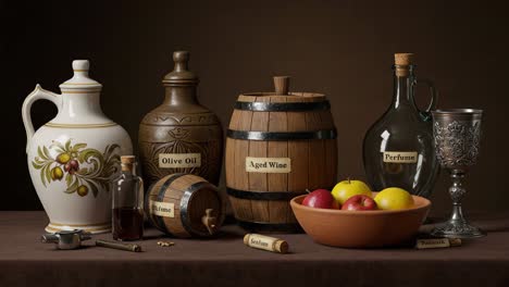 a still life composition showcasing aged wine, olive oil, perfume, and fresh fruits in elegant containers under soft lighting