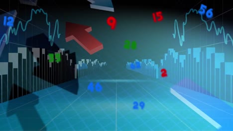 Animation-Der-Finanzdatenverarbeitung-Mit-Zahlen-Und-Pfeilen-Auf-Schwarzem-Hintergrund