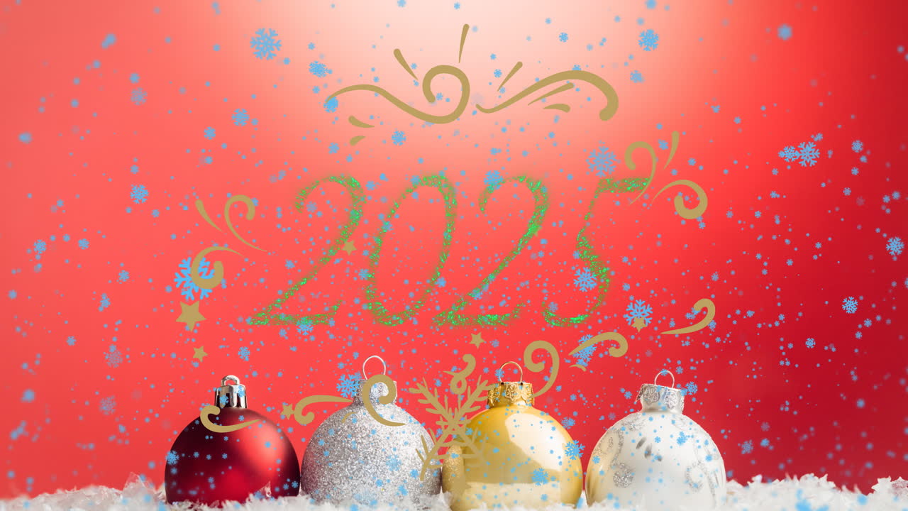 Animation of snow falling over christmas baubles and 2025 year