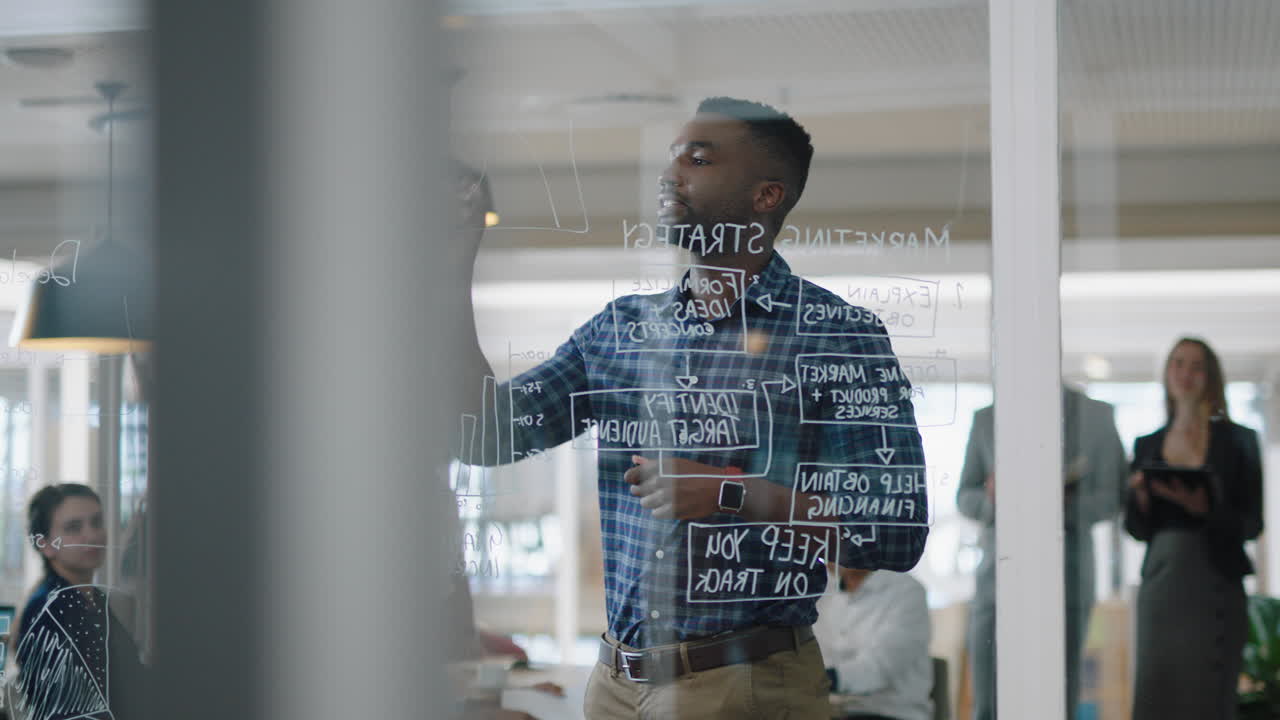 young african american businessman writing on glass whiteboard team leader training colleagues in meeting brainstorming problem solving strategy sharing ideas in office presentation seminar 4k