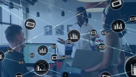 Animation of data processing and diagrams over diverse colleagues discussing work