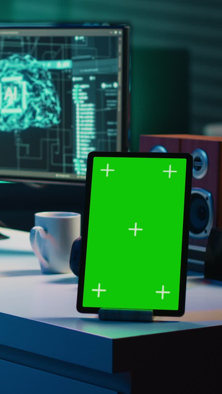 Vertical Tablet with Green Screen on Desk in Tech Office