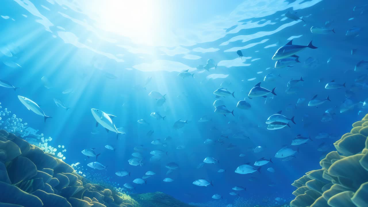 Underwater scene with fish swimming in sunlit ocean. Captured from a low angle, this video showcases