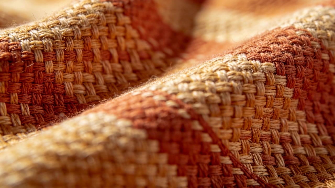 Inizio di una lenta panoramica della telecamera che esplora la texture tessile su un divano, mostrando filati, rilievi e luce calda.