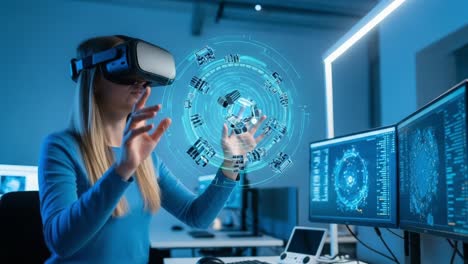 engaging in virtual reality technology: a woman experiencing 3d interactive elements while using a vr headset surrounded by data and digital visualizations