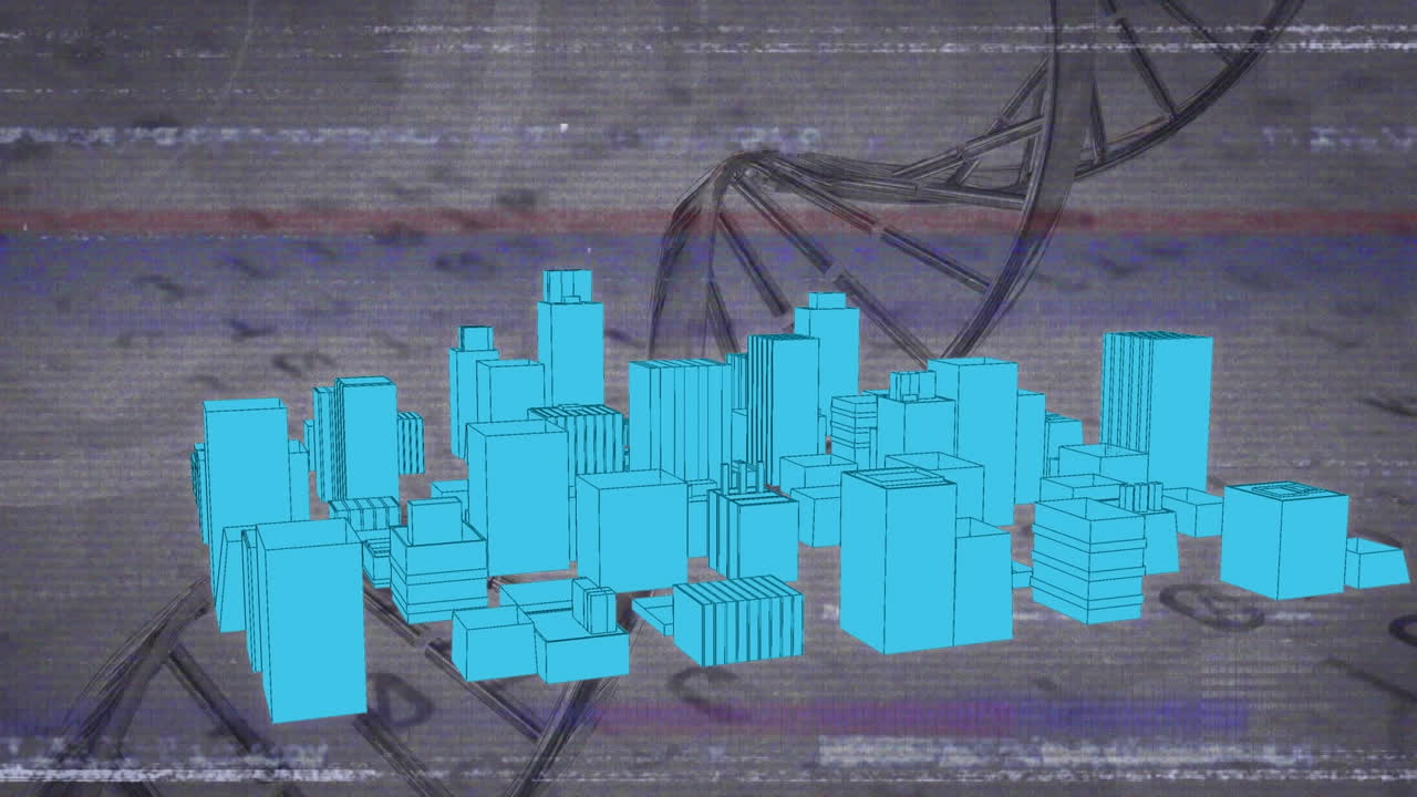 animación de la cadena de adn girando con codificación binaria sobre el dibujo del paisaje urbano en 3d