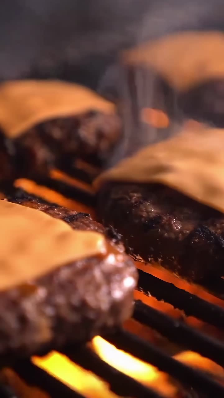 Cheeseburger che grigliano su un barbecue caldo con formaggio fuso e fumo