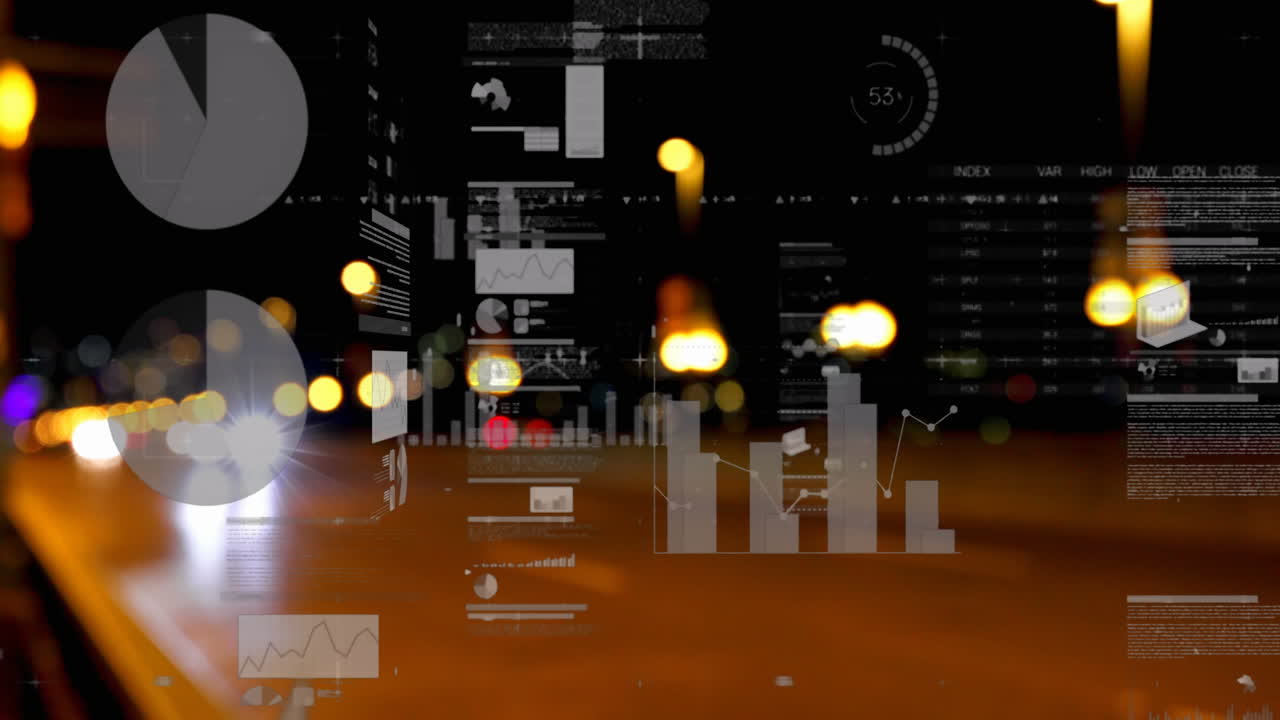 animación del procesamiento de estadísticas sobre luces desenfocadas y paisaje urbano