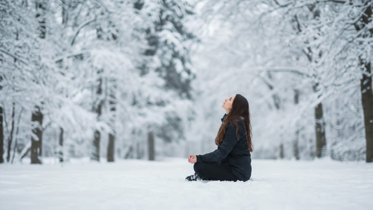 Contemplative Moment in a Snowy Forest: A Woman Meditating Peacefully Amidst the Serene, Snow-Covered Trees, Embracing Nature’s Tranquility and Stillness
