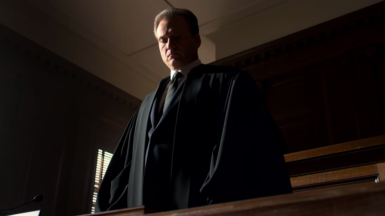 Stern White Judge Standing At Bench, Robed In Black Gown, Lowkey Dramatic Lighting Casting Shadows
