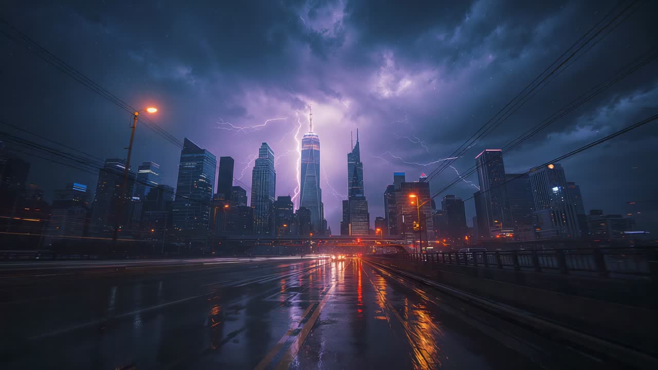 Flashing lightning from clouds, illuminating cars streaking past skyscrapers across city highway