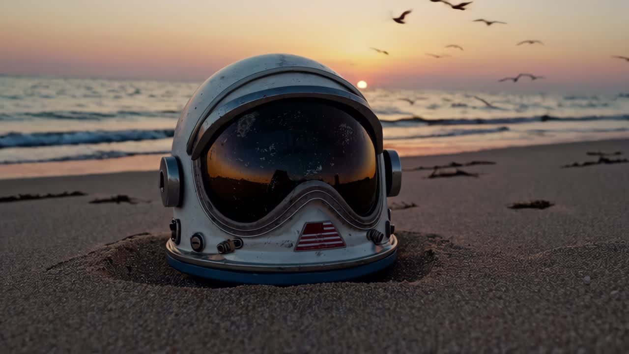 casco de astronauta en una playa al atardecer