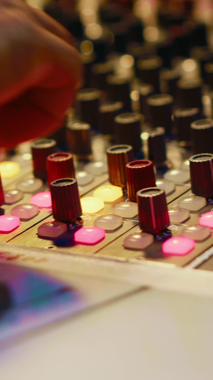 Primo piano di una mano che modifica fader e manopole su un mixer audio