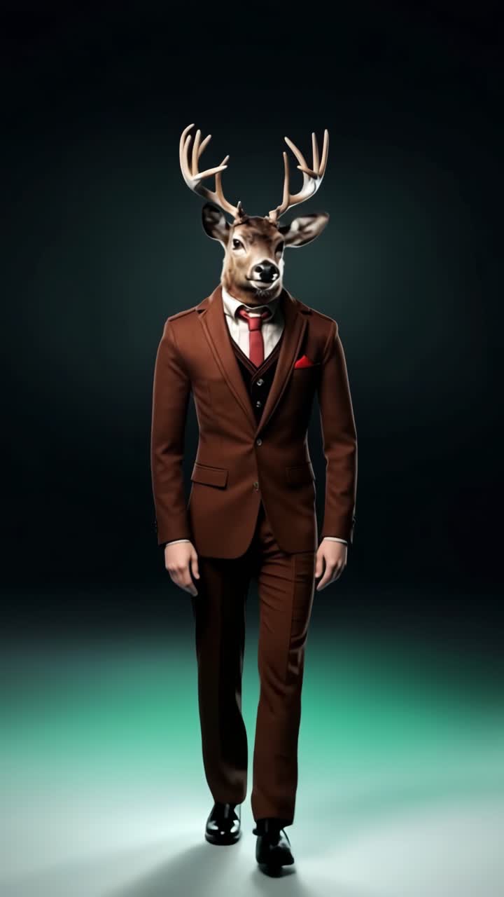 Anthropomorphic Deer Headed Man in Brown Suit Walking
