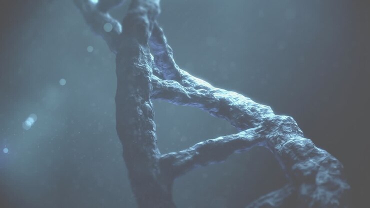 Animation einer Makroaufnahme eines sich drehenden DNA-Strangs.