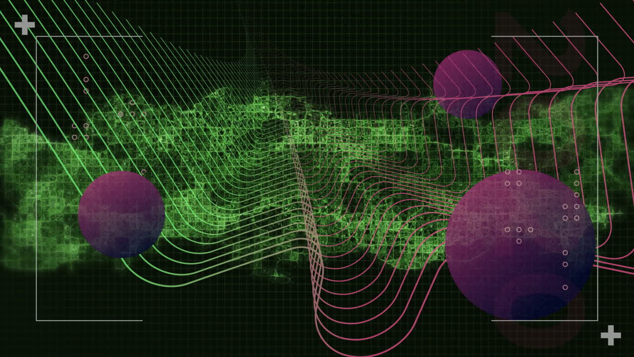Green grid lines and purple spheres creating abstract digital animation landscape