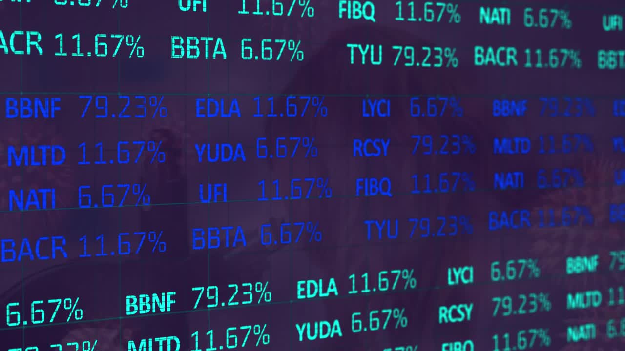 Animation of stock market data processing over covid-19 cells floating against blue background