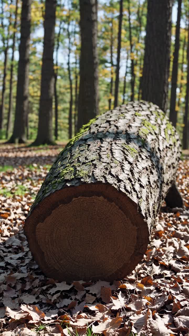 Low-angle video shot of a fallen tree trunk in a sunlit forest, surrounded by leaves