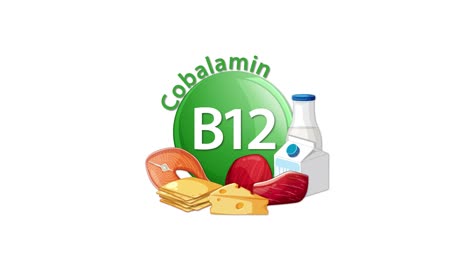 animated sequence highlights vitamin b12 (cobalamin) with a green icon, transitioning to include milk, cheese, fish, and meat illustrations on a white background
