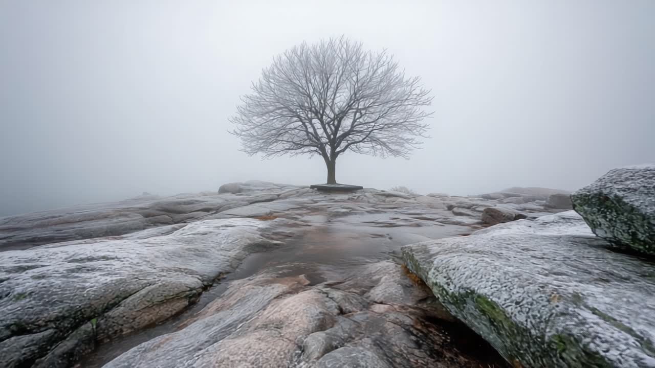 Un albero solitario si erge resiliente sullo sfondo di un paesaggio nebbioso, circondato da terreno roccioso e un'atmosfera serena che evoca un senso di tranquillità e riflessione.
