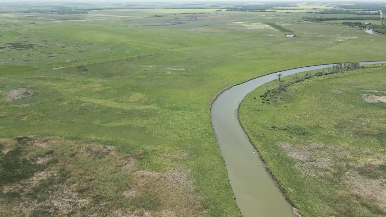 Vista aerea dall'alto di un grande fiume serpeggiante circondato da paludi e campi agricoli. Un grande pellicano bianco vola sopra il fiume.