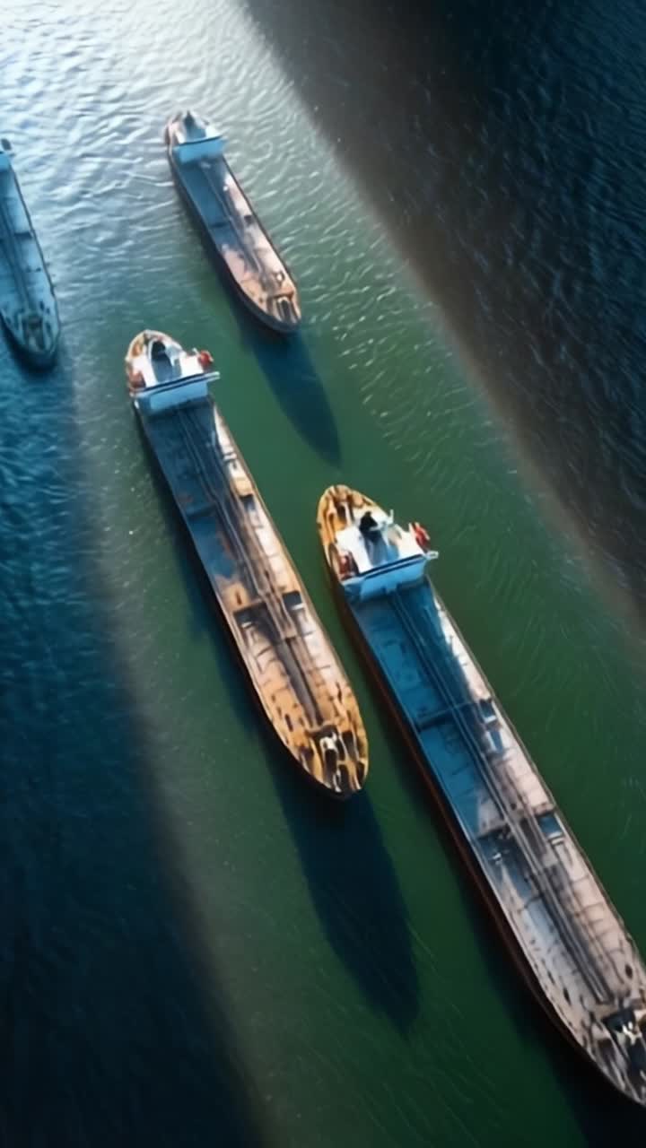 Aerial View of Multiple Cargo Vessels Navigating Through Calm Waters, Highlighting Their Patterns and Shadows from the Bright Sunlight Above