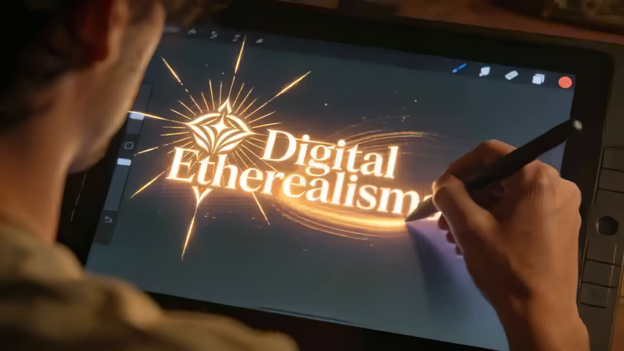 Sweeping stylus starting glow stroke, artist in T-shirt refining Digital Etherealism logo on tablet