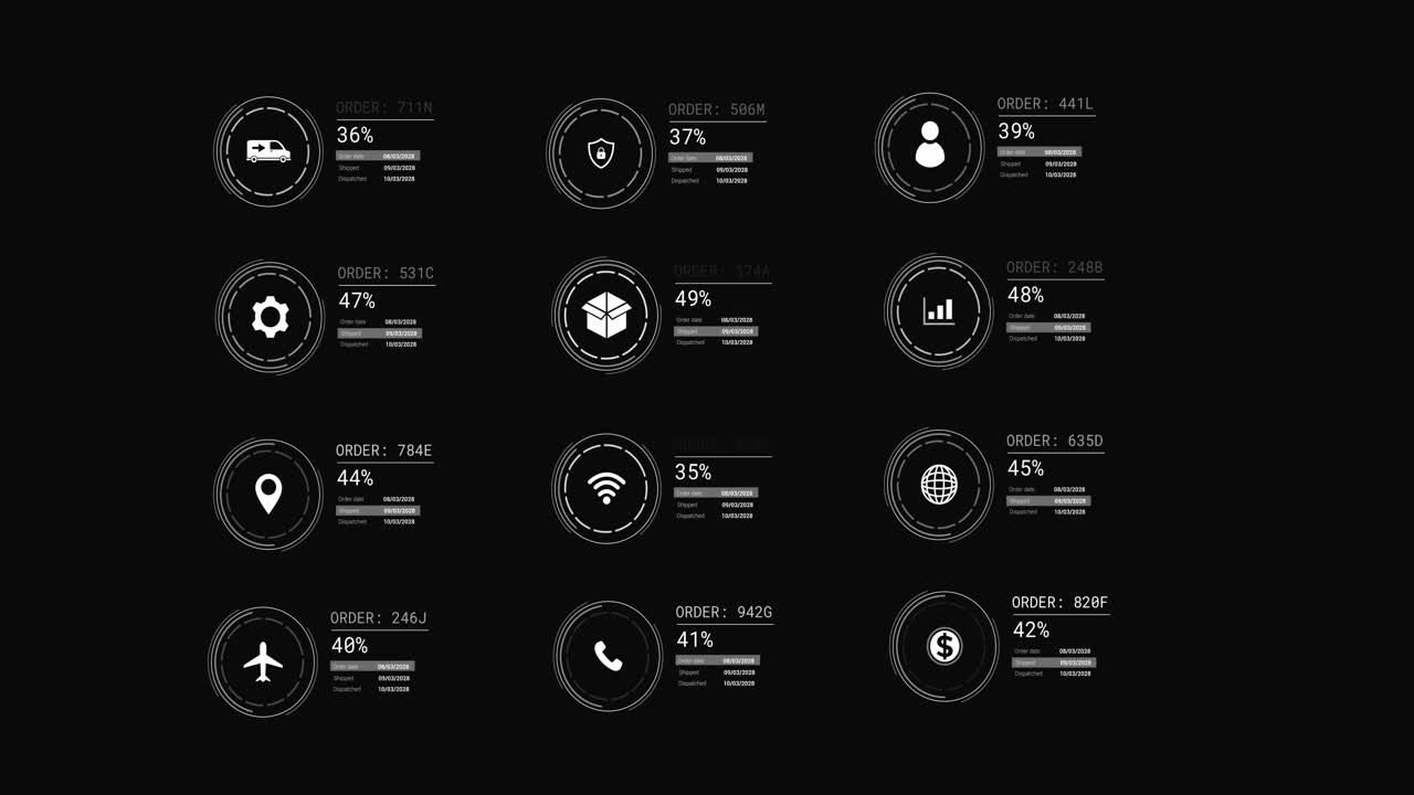 animación de iconos con procesamiento de datos en fondo negro