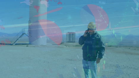 animación de la interfaz infográfica, gráficos, ingeniero caucásico hablando por teléfono móvil junto al molino de viento