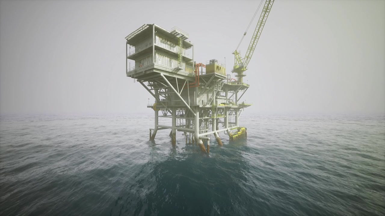 Serene offshore installation silhouetted against pastel sky during sunrise