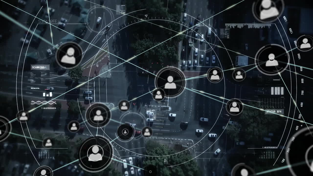 Network of connections and user icons animation over aerial view of city traffic