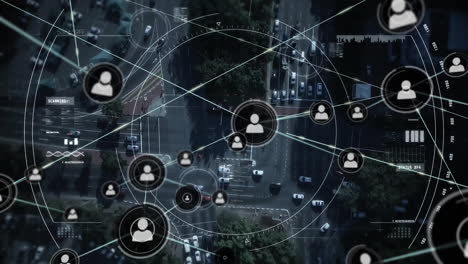 network of connections and user icons animation over aerial view of city traffic