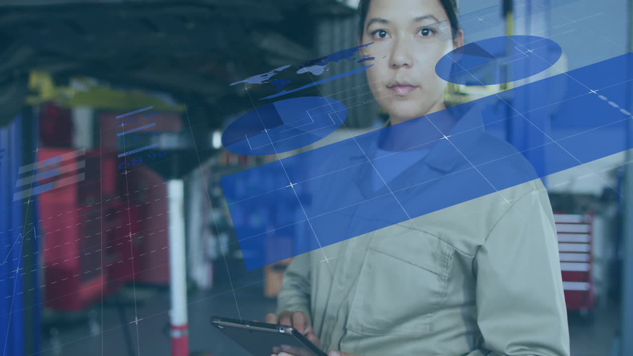 Mechanic woman adjusting car engine in automotive workshop, showcasing animated data charts