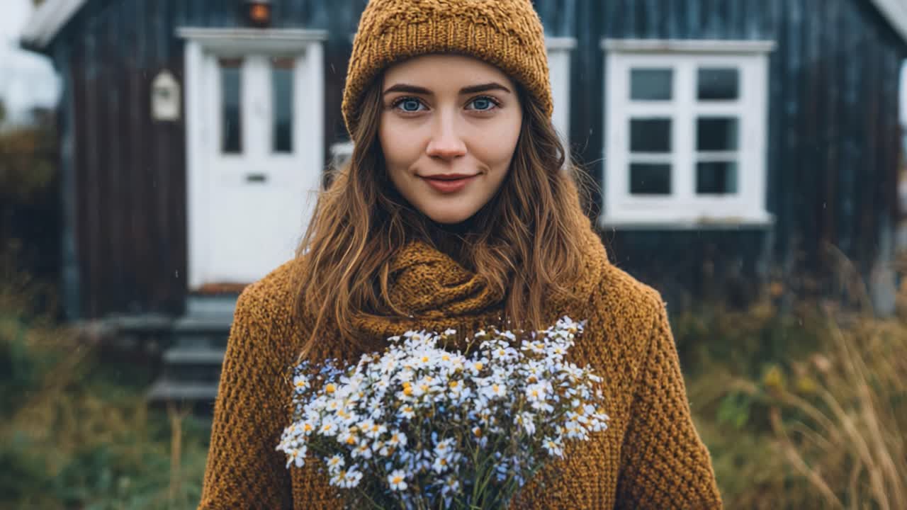 A Warm and Inviting Portrait of a Young Woman in Cozy Knitwear Holding a Bouquet of Flowers in Front of a Rustic Cabin on a Cloudy Day