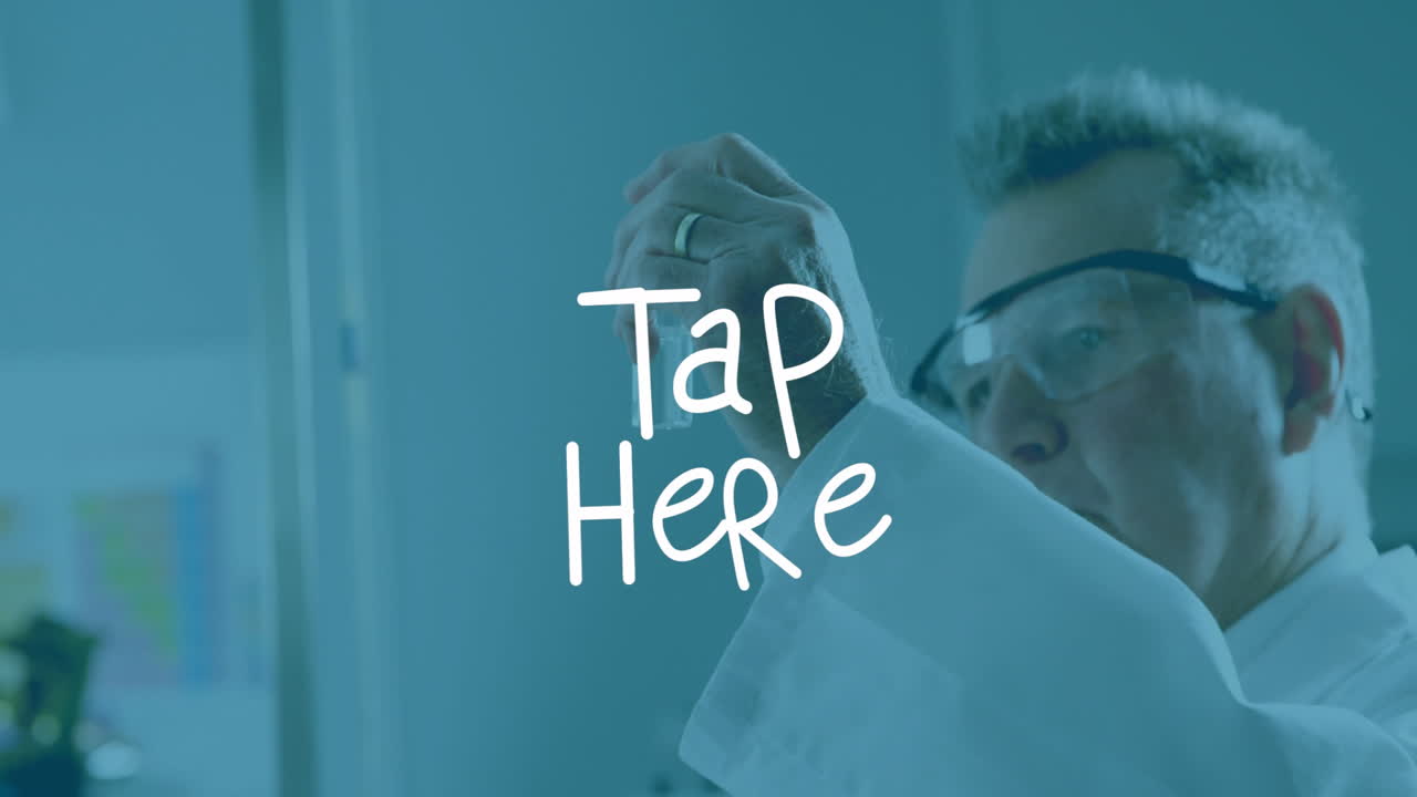In lab, scientist examining sample with animation text overlaying Tap Here