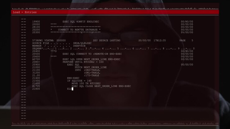 Animation of data processing on computer screen over male hacker using computer
