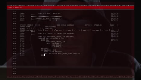 animazione dell'elaborazione dei dati sullo schermo del computer su un hacker maschio che usa il computer