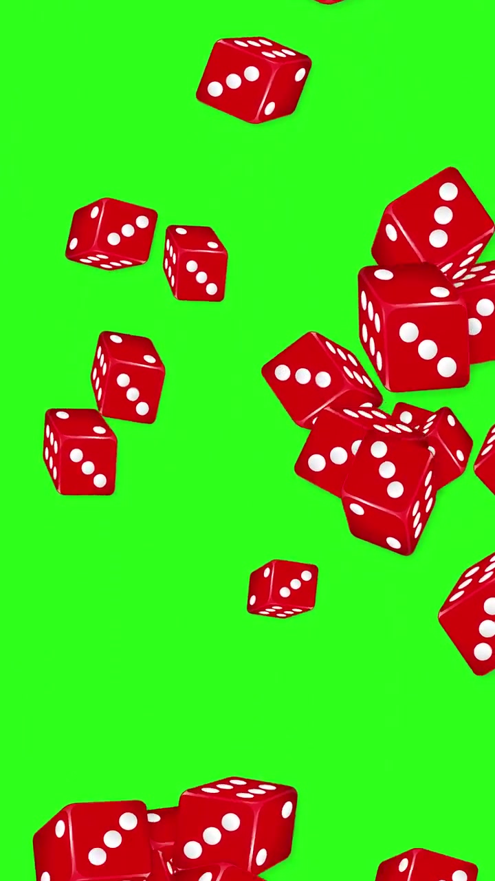 Dadi da gioco rossi esplodono e cadono nell'aria su uno sfondo a schermo verde