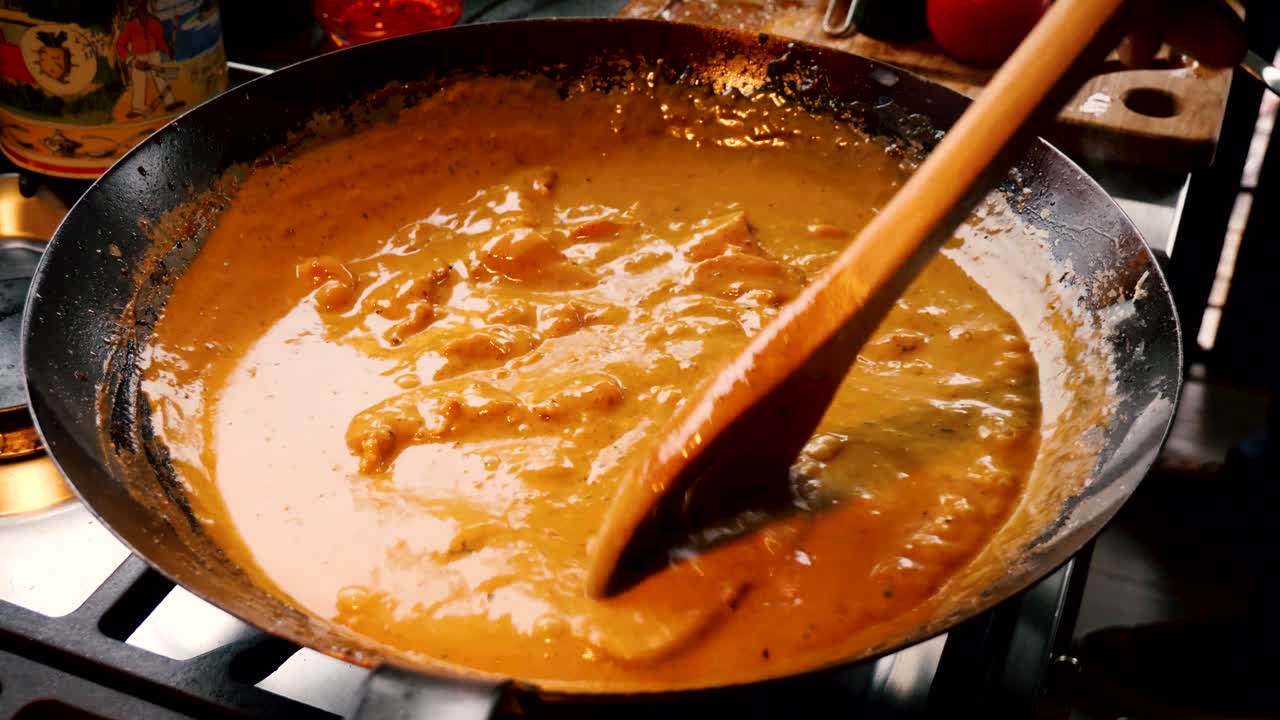 deliciosa comida tailandesa de pollo y verduras y curry rojo se cocinan y se revuelven en un wok negro con una cuchara de madera enrejada, cierre estático