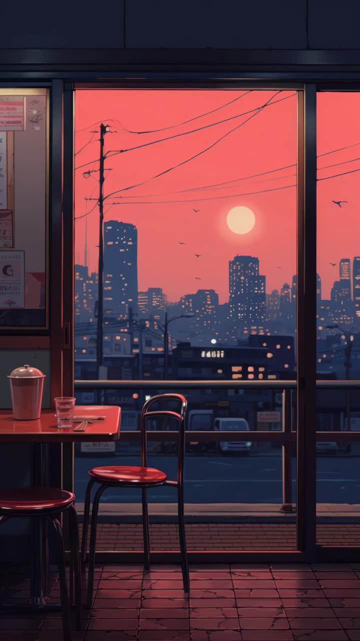 Fotogramma di un video di un paesaggio urbano al tramonto visto dalla vetrina di un bar